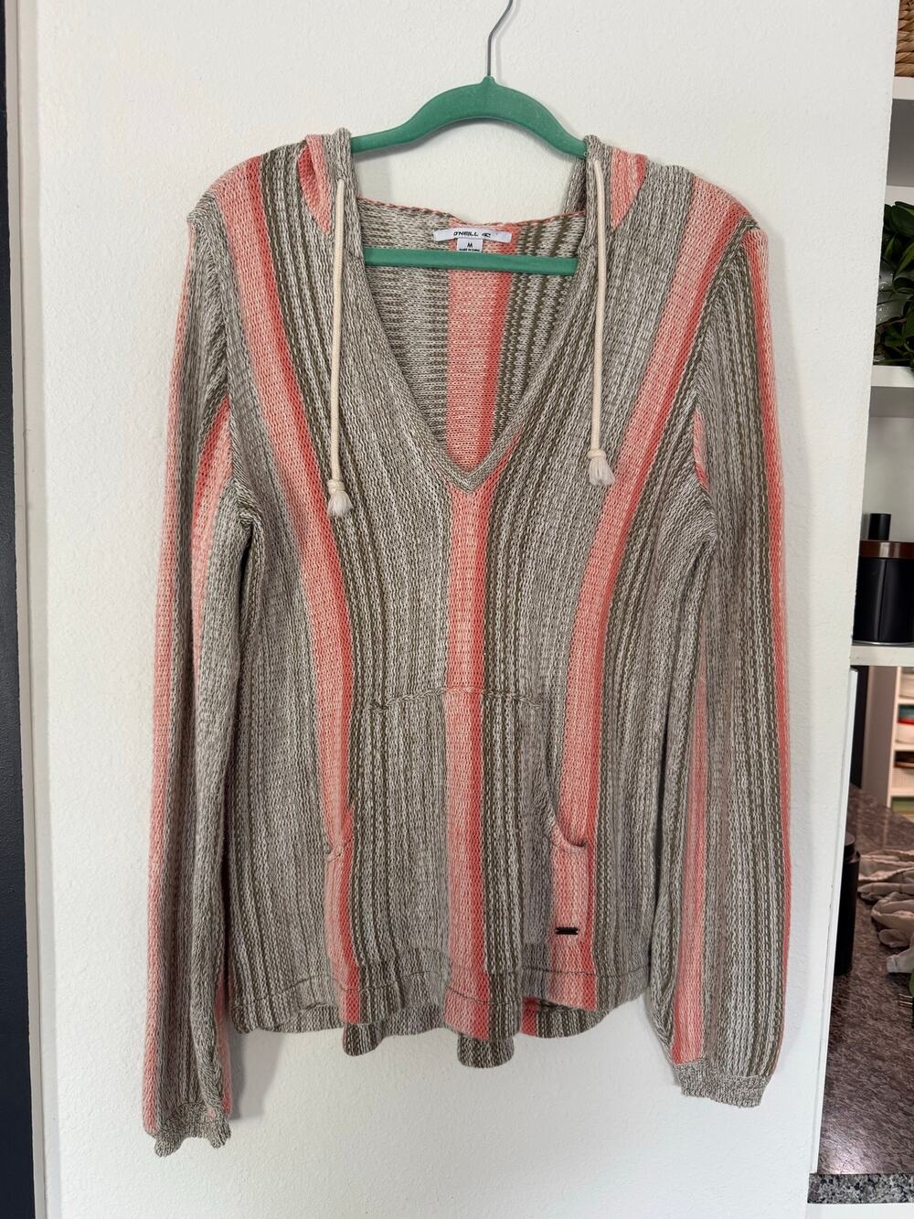 O’Neill Baja Hoodie Womens M Striped Pullover Knit Cotton Beach Surf Sweater